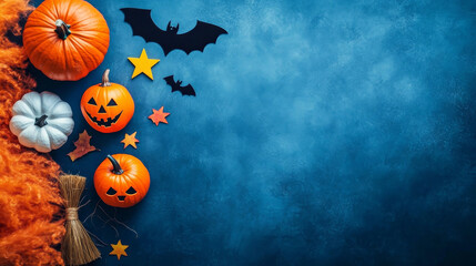 A festive Halloween arrangement featuring pumpkins, bats, and autumn decorations evokes playful and spooky atmosphere.