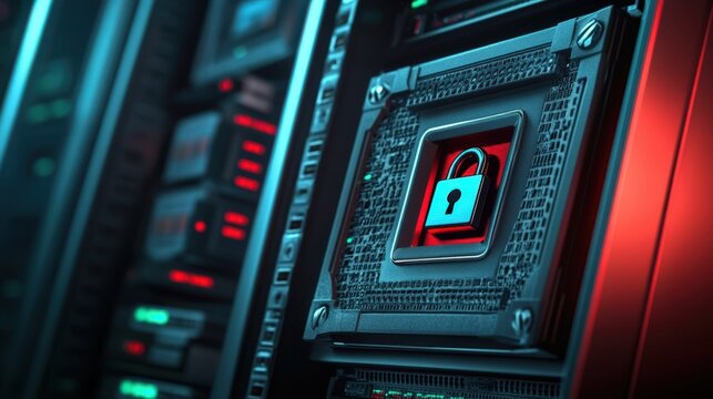 A close-up of a secure server component featuring a padlock icon, symbolizing cybersecurity and data protection in technology.