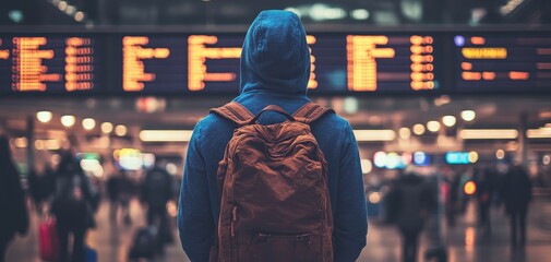 Obraz premium A lone traveler with a backpack stands before a glowing departure board blurred city lights reflecting in their hooded silhouette