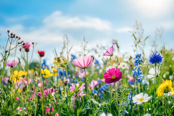 Beautiful spring meadow with colorful wild flowers under a blue sky and sunlight. 
