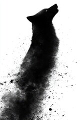 A Black Wolf Silhouette Disintegrating into Ink Splatter