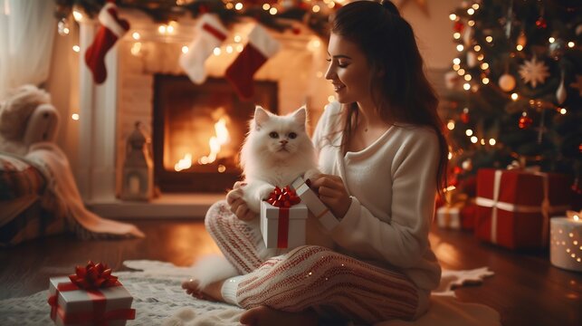 Woman Holding a White Cat and a Gift Box in a Cozy Christmas Setting - Powered by Adobe