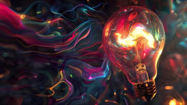 Video animation of colorful glowing light bulb lamp, visualization of brainstorming, bright idea and creative thinking and imagination, finding solution concept background