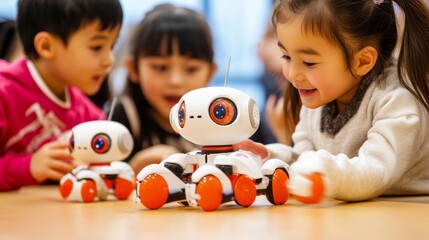 Group of children playing with robot toys in classroom, sparking their interest in future technology, activity lessons technology.