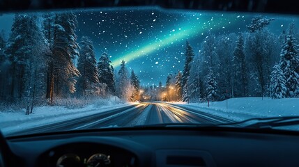 Obraz premium Aurora Borealis viewed from inside a car on a winter road. copy space for text.