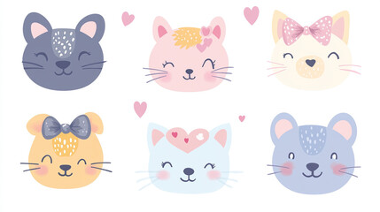 Obraz premium Set of cute kawai animal faces with pastel color palette