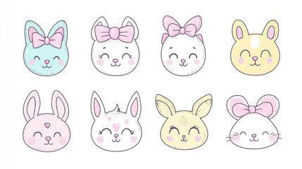 Set of cute kawai animal faces with pastel color palette