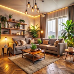 Fototapeta premium Cozy living room interior, modern design, warm lighting, plush furniture, houseplants, inviting and comfortable ambiance