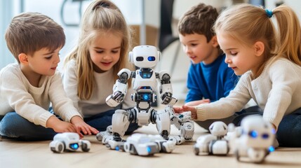 Group of children playing with robot toys in classroom, sparking their interest in future technology, activity lessons technology.