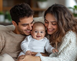 Obraz premium Family Portrait Closeup of parents smiling lovingly at their baby warm tones cozy setting