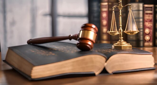 Gavel, Scales of Justice, and Law Book on a Wooden Desk