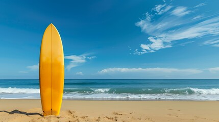 A vibrant yellow surfboard stands on the sandy beach with a clear blue sky and ocean waves.