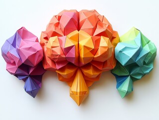 Geometric Origami Forms A Colorful Composition of Folded Paper Overhead Perspective on White Background