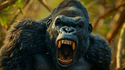 Large or big silverback black gorilla, angry powerful animal roaring in jungle wildlife nature. Strong beast screaming, aggressive, teeth, King Kong
