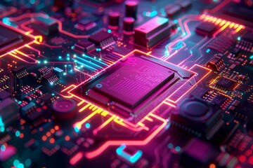 Obraz premium A close-up view of a colorful circuit board with glowing components and connections.