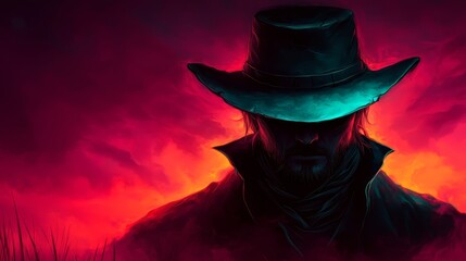 A mysterious figure cloaked in shadows, wearing a cowboy hat against a dramatic sunset backdrop, evokes intrigue and adventure.
