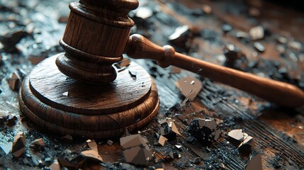 Shattered Gavel Symbolizing Breakdown of Legal Justice and Injustice