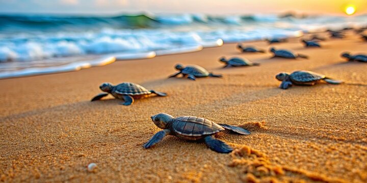 Emergence of baby turtles on the beach in Guyane