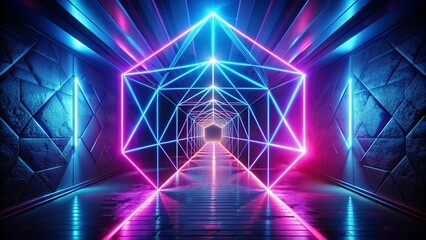 Glowing geometric figure in neon light against a dark tunnel backdrop with laser glow
