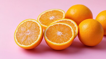 Fototapeta premium Fresh Halved Oranges on a Pink Background. copy space for text. image of orange on pink.
