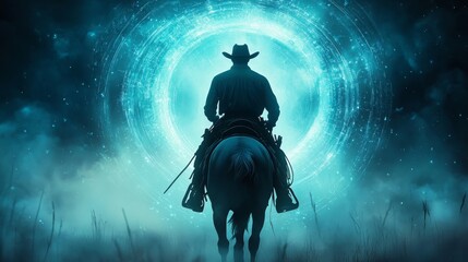 Fototapeta premium A silhouetted cowboy riding a horse, set against a mystical blue portal and foggy background, evoking adventure and intrigue.