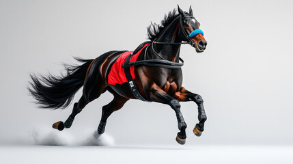 A dynamic image of a running horse in motion, showcasing speed and strength with vibrant colors and bold design.