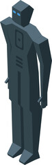 Dark grey robot standing still with arms hanging down in isometric view