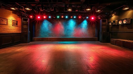 Naklejka premium Stage Lights Bathe Empty Wooden Floor in Red and Blue Hues Low Angle Perspective
