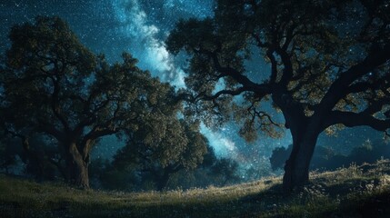 A serene night scene featuring trees under a starry sky with a hint of the Milky Way.