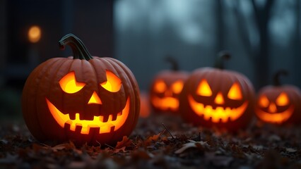 A group of glowing jack-o'-lanterns rests on autumn leaves in a misty Halloween scene