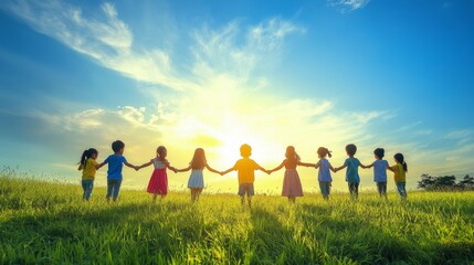 A group of diverse children holding hands in a green field under a bright sky symbolizing a hopeful future.