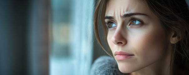 A contemplative young woman gazes thoughtfully out of window, her expression reflecting deep emotions. Her furrowed brow suggests introspection and concern.