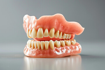 Obraz premium False teeth for elderly healthcare denture implants for dentistry clinic, set of dentures on shiny gray background, Dental prosthesis for oral care, prosthetic dentistry concept