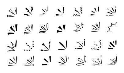 Doodle exclamation. Manga comic rays emotion expression, hand drawn sparkles splash and flash burst symbol. Decorative starburst lines and cartoon surprise 2D explosion bang effects vector set