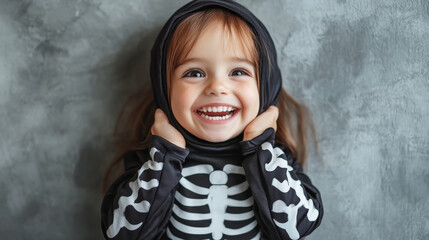 A joyful child in skeleton costume smiles brightly, expressing happiness and excitement.