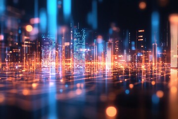 Futuristic cityscape with glowing digital elements, showcasing a vibrant blend of blue and orange lights against a dark background.