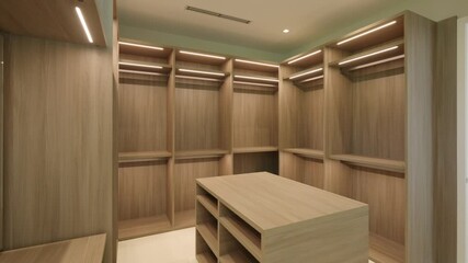 Empty walk-in closet with wooden cabinets with lots of open shelves for storing clothes and shoes. Additional space in apartments for allowing to free up space from garment