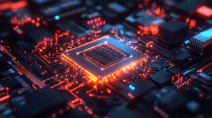 Close-up of a glowing CPU chip on a motherboard with red circuitry