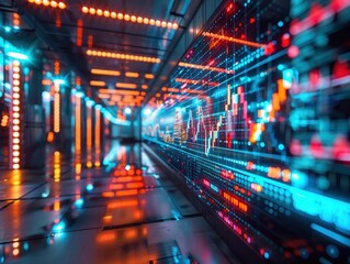Obraz premium Futuristic data corridor with vibrant lights and digital displays, representing technology and innovation in a modern environment.