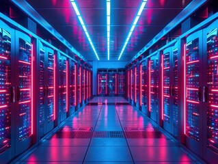Fototapeta premium Futuristic data center featuring illuminated server racks with vibrant blue and pink lighting in a sleek, modern environment.