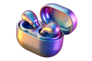 Fototapeta premium 3D Holographic Earbuds with Glowing Case on Glossy White Surface - Stylish Wireless Audio Technology Concept with Copy Space
