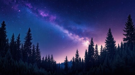 A serene night sky over a forest, showcasing stars and the Milky Way.