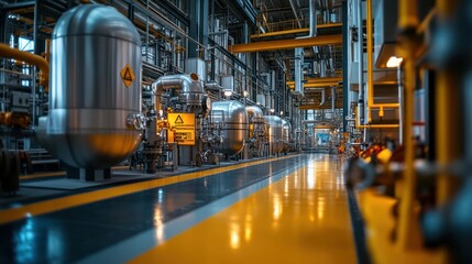 Fototapeta premium Piping systems in a chemical plant with safety signs, highlighting the importance of safety in industrial piping