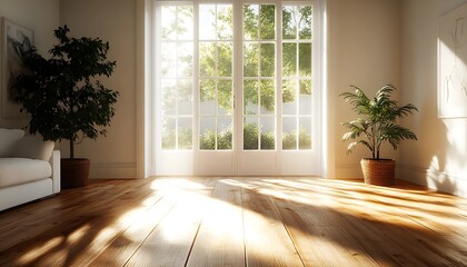 Fototapeta premium Sunlit Serenity: Unoccupied Living Room for a New Home