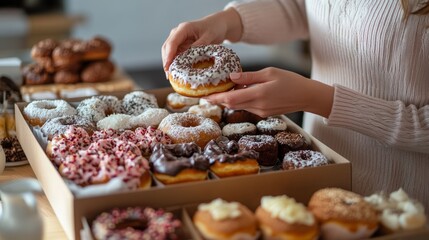 A woman grabbing a donut from a box of assorted pastries on a kitchen counter.