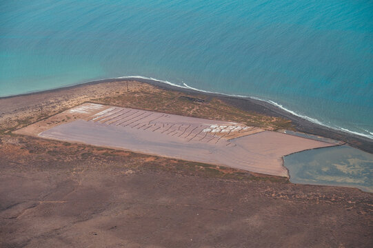 Sea salt distillery in Lanzarote. Lanzarote landscape from above. Beautiful landscape with ocean in Lanzarote. Sea salt