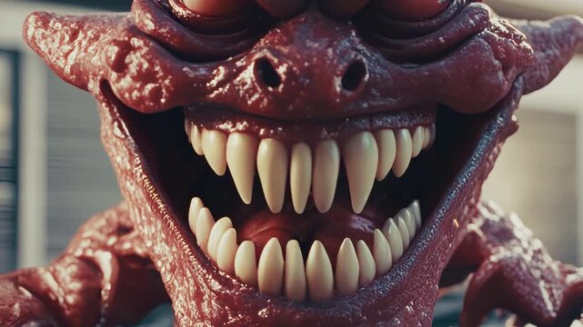 Slow zoom-in on the face of a smiling scary pink toy monster with sharp teeth. High quality 4k footage
