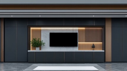 A sleek black TV cabinet supports a large flat-screen TV in a minimalist living room adorned with grey marble floors and a white carpet, highlighting elegance and simplicity