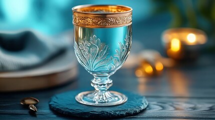 A glass with a gold rim and a blue background