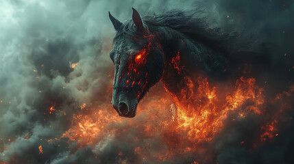 A fiery black horse emerges from swirling smoke, exuding powerful and intense presence. Its glowing eyes and fiery mane create dramatic and captivating scene.